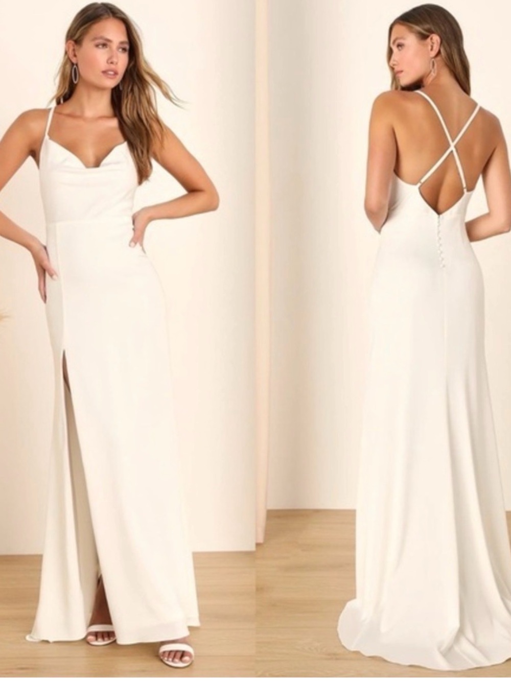 Lulus Destined Romance White Satin Cowl Neck Backless Maxi Dress Size XS